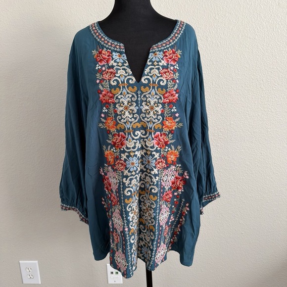 Savanna Jane Tops - Savanna Jane Tunic Top Womens 2X Teal Embroidered Floral 3/4 Bell Sleeve Boho